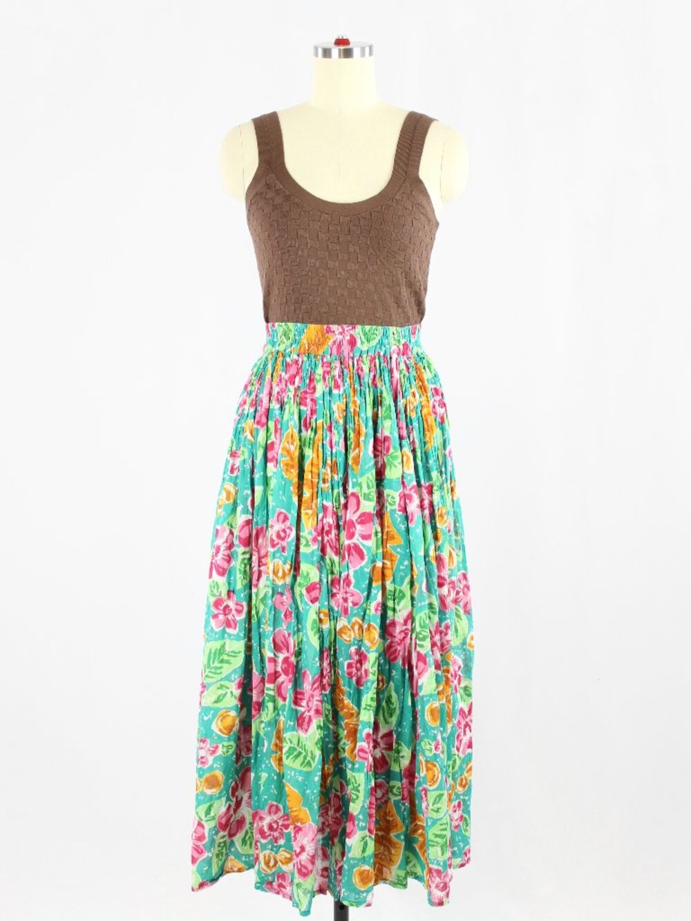 Vintage 90's EATON PETITES Green Floral Print Cotton Voile Midi Skirt, Size L